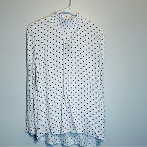 Per Se White Blouse with Black Polka Dots and Smocked Neck